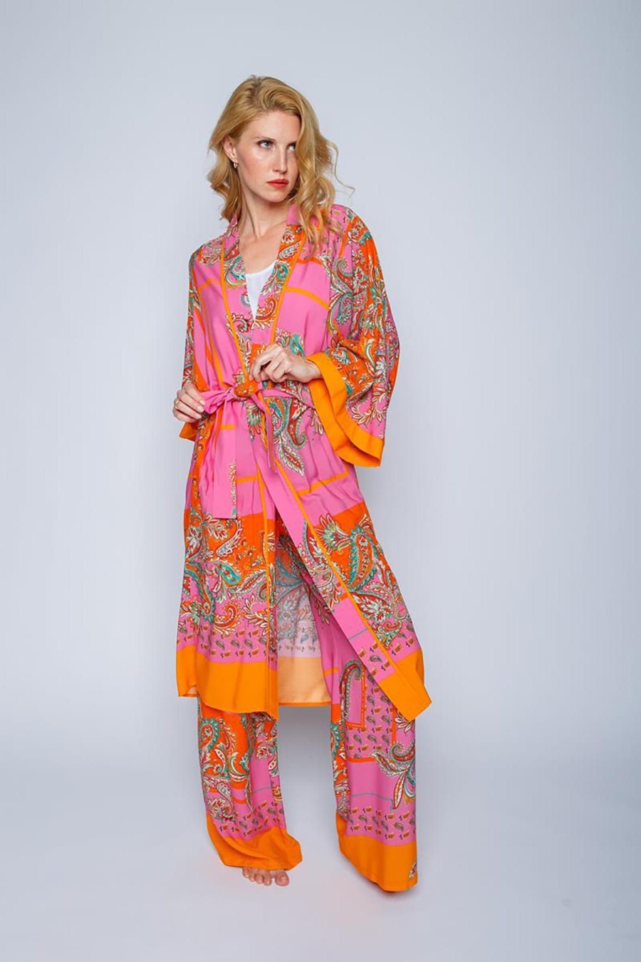 Emily van den Bergh Strick & Cardigans | Lassige Kimono Mit Bindegurtel Pink Orange Scarf Multicolor