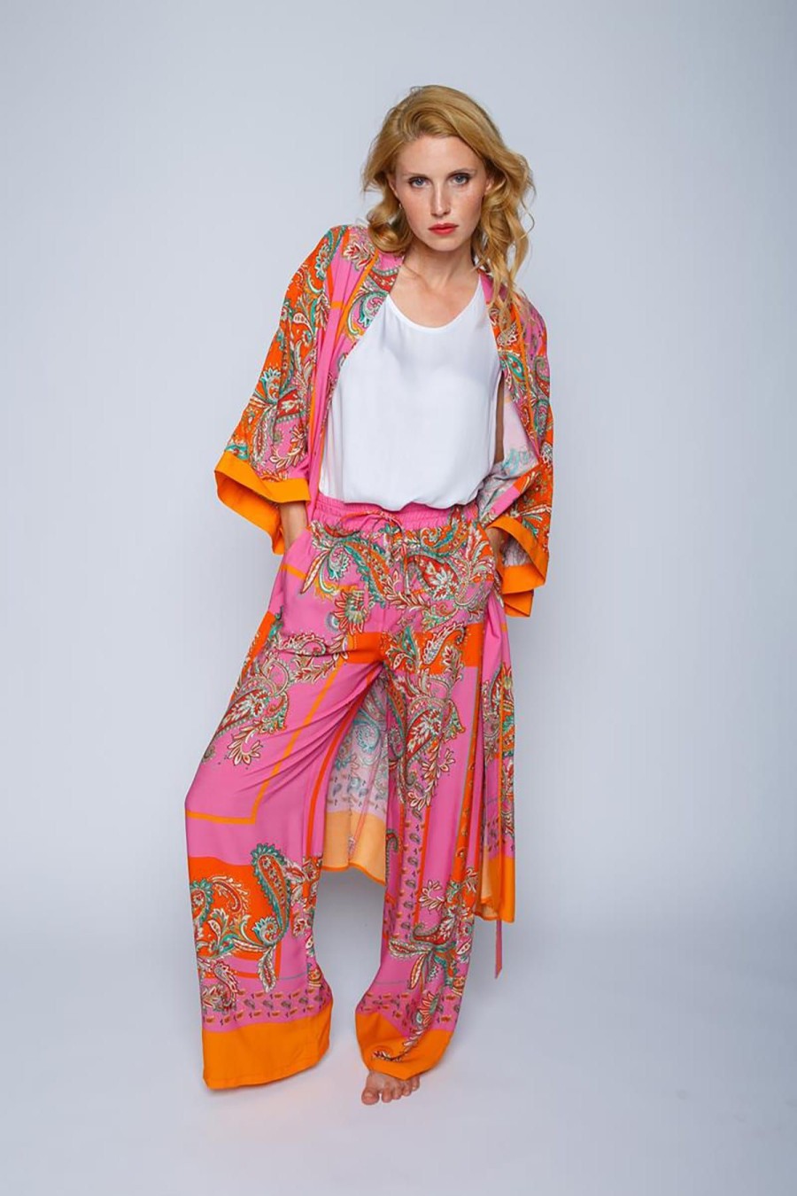 Emily van den Bergh Strick & Cardigans | Lassige Kimono Mit Bindegurtel Pink Orange Scarf Multicolor