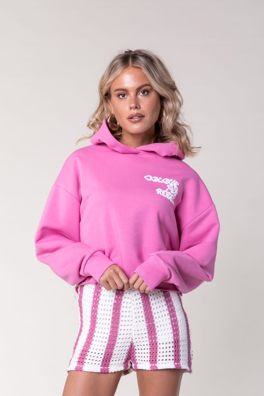 Colourful Rebel Sweatshirts & Hoodies | Hoodie Logo Cropped Raw Edge Hoodie Medium Pink Rosa