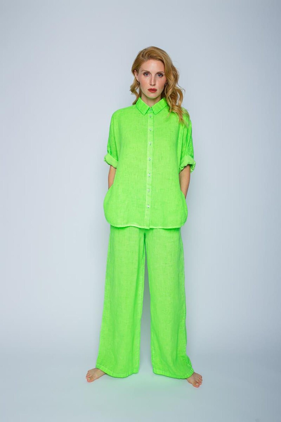 Emily van den Bergh Hemden & Blusen | Leinen Hemdbluse Mit Halbarm Neon Green Gruen