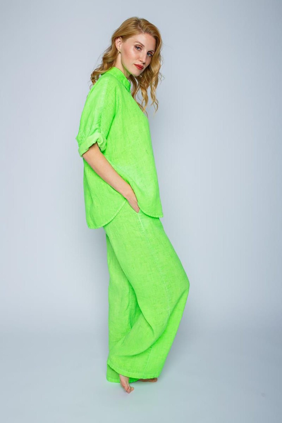 Emily van den Bergh Hemden & Blusen | Leinen Hemdbluse Mit Halbarm Neon Green Gruen