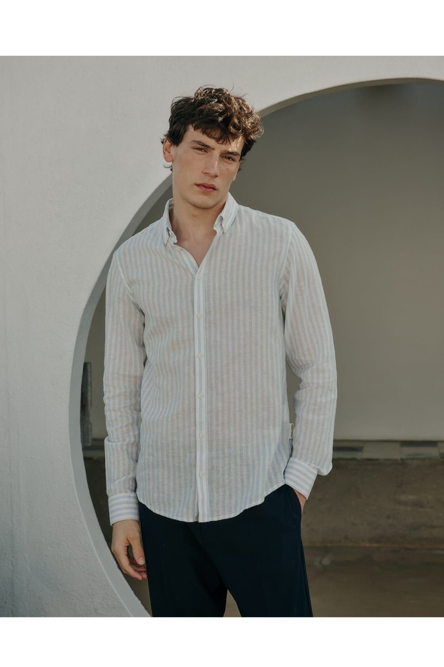 Casual Friday Hemden | Hemd Cfanton Ls Bd Striped Linen Mix Shirt Chambray Blue Blau